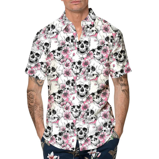 Pink Pattern Happy Summer Skull Hawaiian Shirt, Hawaiian Button Up Shirt, Tropical Shirts For Men Moonbestprint