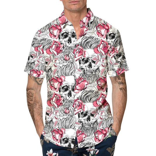 Rose Pattern Happy Summer Skull Hawaiian Shirt, Hawaiian Button Up Shirt, Tropical Shirts For Men Moonbestprint