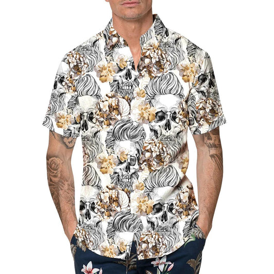 Pattern Flower Happy Summer Skull Hawaiian Shirt, Hawaiian Button Up Shirt, Tropical Shirts For Men Moonbestprint