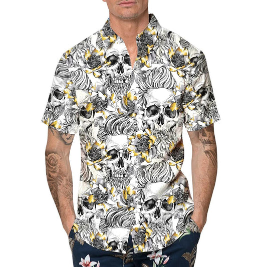 Pattern Flower Skull Hawaiian Shirt, Hawaiian Button Up Shirt, Tropical Shirts For Men Moonbestprint