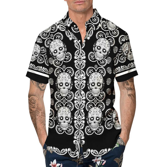 Pattern Color Black Skull Hawaiian Shirt, Hawaiian Button Up Shirt, Tropical Shirts For Men Moonbestprint