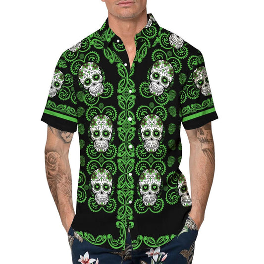 Pattern Green Color Skull Hawaiian Shirt, Hawaiian Button Up Shirt, Tropical Shirts For Men Moonbestprint