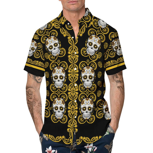 Pattern Yellow Color Skull Hawaiian Shirt, Hawaiian Button Up Shirt, Tropical Shirts For Men Moonbestprint