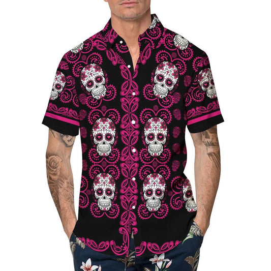Pattern Color Pink Skull Hawaiian Shirt, Hawaiian Button Up Shirt, Tropical Shirts For Men Moonbestprint