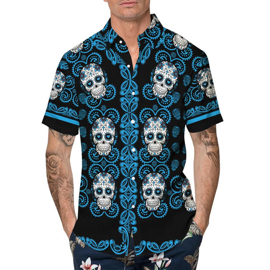 Pattern Color Sky Blue Skull Hawaiian Shirt, Hawaiian Button Up Shirt, Tropical Shirts For Men Moonbestprint