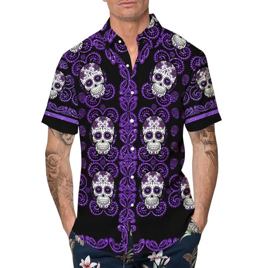 Pattern Purple Color Skull Hawaiian Shirt, Hawaiian Button Up Shirt, Tropical Shirts For Men Moonbestprint