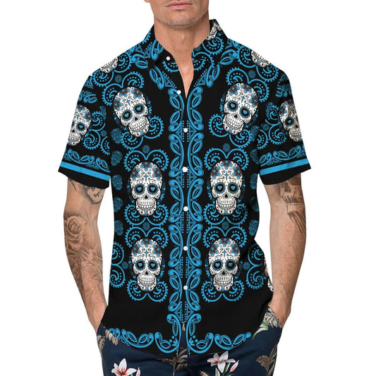 Pattern Blue Color Skull Hawaiian Shirt, Hawaiian Button Up Shirt, Tropical Shirts For Men Moonbestprint