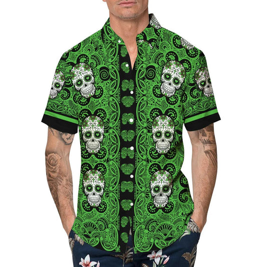 Green Pattern Color Skull Hawaiian Shirt, Hawaiian Button Up Shirt, Tropical Shirts For Men Moonbestprint