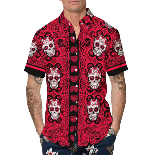 Red Pattern Color Skull Hawaiian Shirt, Hawaiian Button Up Shirt, Tropical Shirts For Men Moonbestprint