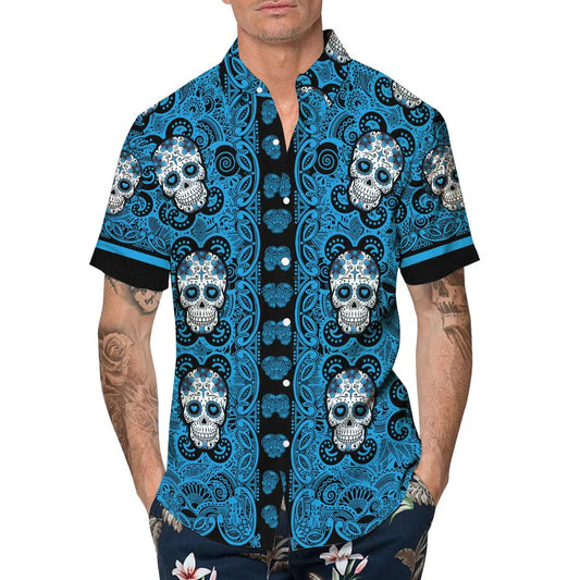 Sky Blue Pattern Color Skull Hawaiian Shirt, Hawaiian Button Up Shirt, Tropical Shirts For Men Moonbestprint