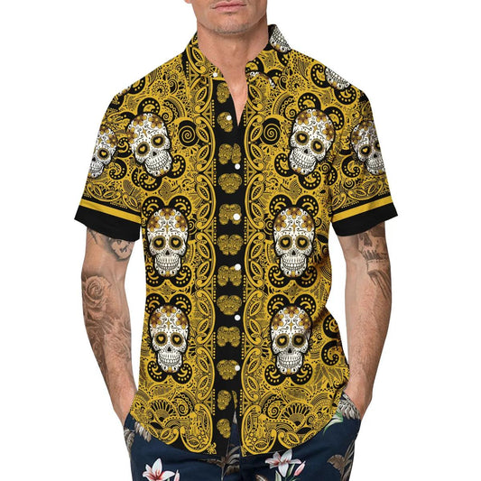 Yellow Pattern Color Skull Hawaiian Shirt, Hawaiian Button Up Shirt, Tropical Shirts For Men Moonbestprint