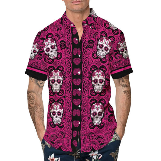 Pink Pattern Color Skull Hawaiian Shirt, Hawaiian Button Up Shirt, Tropical Shirts For Men Moonbestprint