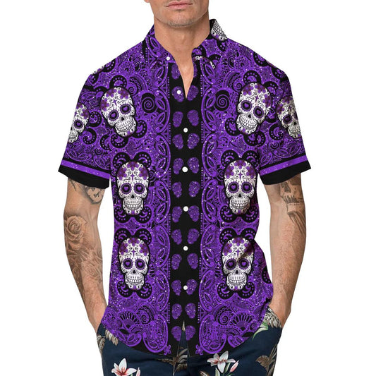 Purple Pattern Color Skull Hawaiian Shirt, Hawaiian Button Up Shirt, Tropical Shirts For Men Moonbestprint