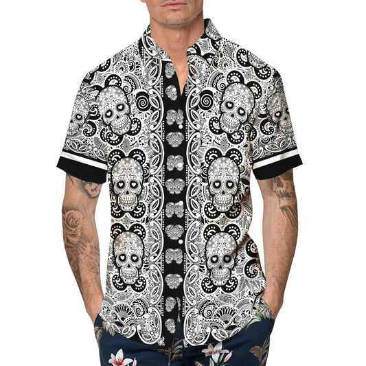Black Pattern Color Skull Hawaiian Shirt, Hawaiian Button Up Shirt, Tropical Shirts For Men Moonbestprint
