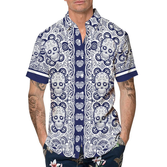 Navy Pattern Color Skull Hawaiian Shirt, Hawaiian Button Up Shirt, Tropical Shirts For Men Moonbestprint