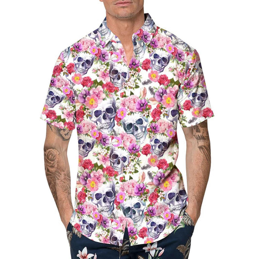 Pink Blossom Flowers Skull Hawaiian Shirt, Hawaiian Button Up Shirt, Tropical Shirts For Men Moonbestprint