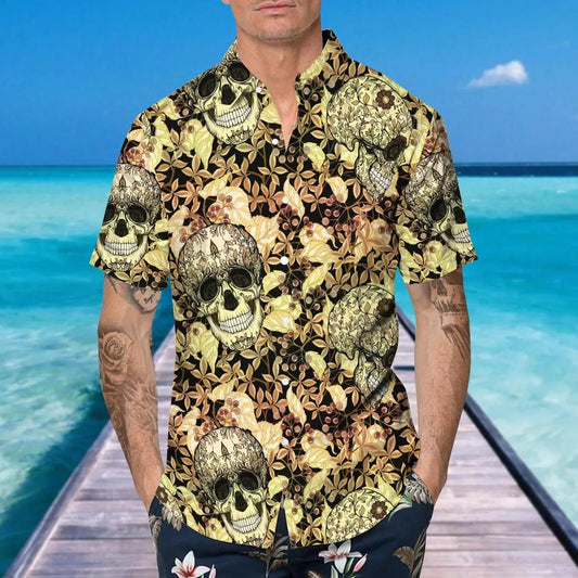 Yellow Plant Seamless Pattern Skull Hawaiian Shirt, Hawaiian Button Up Shirt, Tropical Shirts For Men Moonbestprint