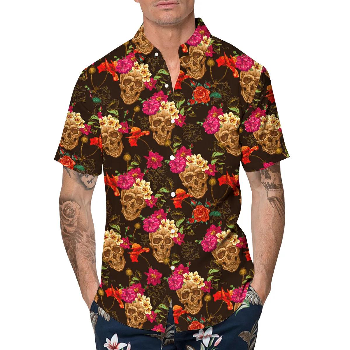 Flower Garden Floral Skull Hawaiian Shirt, Hawaiian Button Up Shirt, Tropical Shirts For Men Moonbestprint