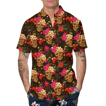 Flower Garden Floral Skull Hawaiian Shirt, Hawaiian Button Up Shirt, Tropical Shirts For Men Moonbestprint