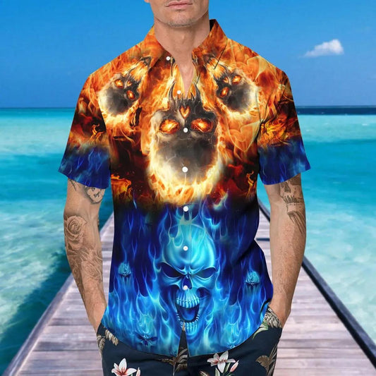 Blue Fire Skull Hawaiian Shirt, Hawaiian Button Up Shirt, Tropical Shirts For Men Moonbestprint