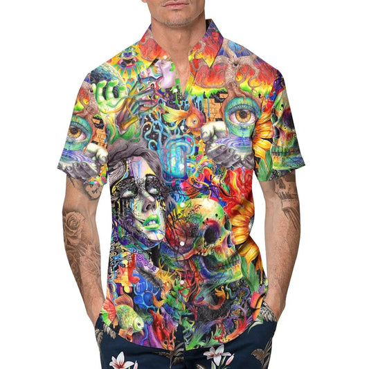 Generic Crazy Trippy Psychedelic Fantasy Colorful Skull Hawaiian Shirt, Hawaiian Button Up Shirt, Tropical Shirts For Men Moonbestprint