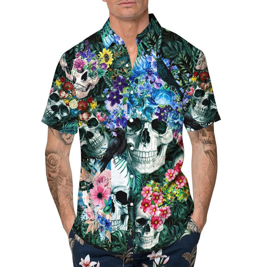 Summer Floral Skull Hawaiian Shirt, Hawaiian Button Up Shirt, Tropical Shirts For Men Moonbestprint