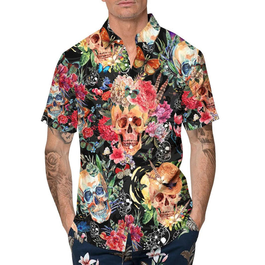 Blossom Flower Skull Hawaiian Shirt, Hawaiian Button Up Shirt, Tropical Shirts For Men Moonbestprint