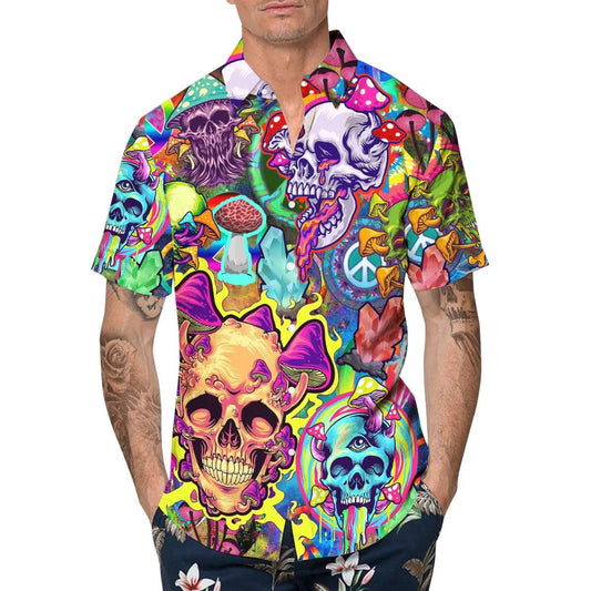 Colorful Mushroom Psychedelic Trippy Skull Hawaiian Shirt, Hawaiian Button Up Shirt, Tropical Shirts For Men Moonbestprint