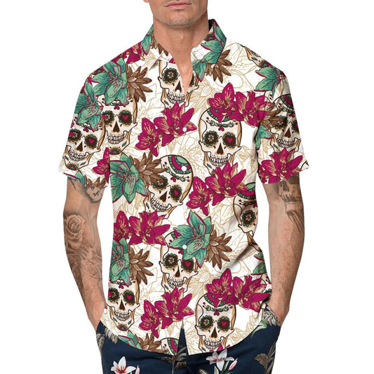 Summer Sugar Skull Hawaiian Shirt, Hawaiian Button Up Shirt, Tropical Shirts For Men Moonbestprint