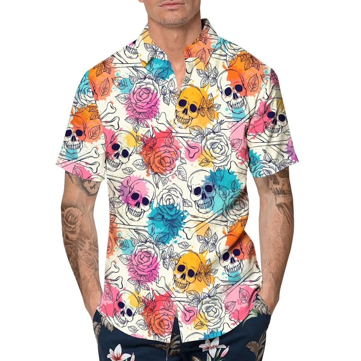 Colorful Roses Crossbones Skull Hawaiian Shirt, Hawaiian Button Up Shirt, Tropical Shirts For Men Moonbestprint