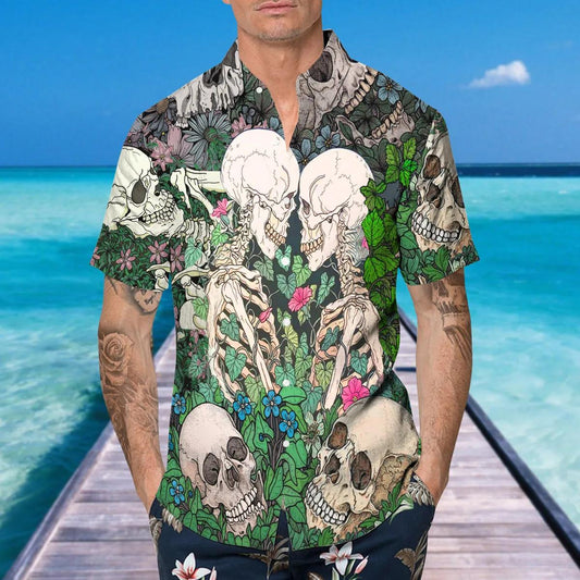 Love Till Death Couple Skull Hawaiian Shirt, Hawaiian Button Up Shirt, Tropical Shirts For Men Moonbestprint