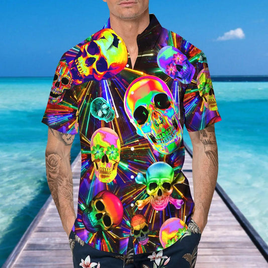 Color Summer Vibes Skull Hawaiian Shirt, Hawaiian Button Up Shirt, Tropical Shirts For Men Moonbestprint