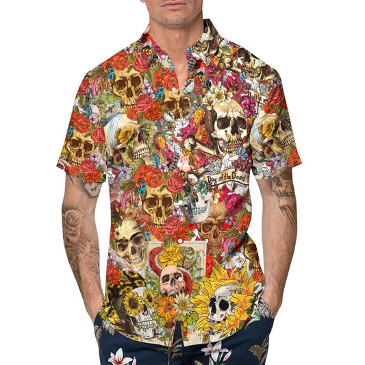 Floral Skull Day of the Dead Hawaiian Shirt, Hawaiian Button Up Shirt, Tropical Shirts For Men Moonbestprint