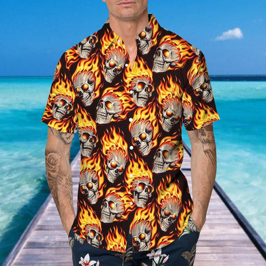 Flaming Skull Pile Hawaiian Shirt, Hawaiian Button Up Shirt, Tropical Shirts For Men Moonbestprint