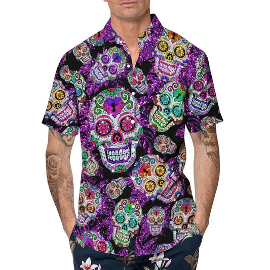 Purple Sugar Skull Hawaiian Shirt, Hawaiian Button Up Shirt, Tropical Shirts For Men Moonbestprint