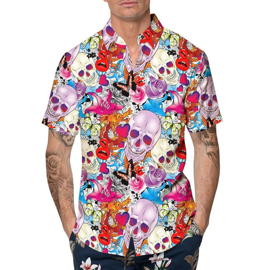 Floral Skull With Butterfly Hawaiian Shirt, Hawaiian Button Up Shirt, Tropical Shirts For Men Moonbestprint
