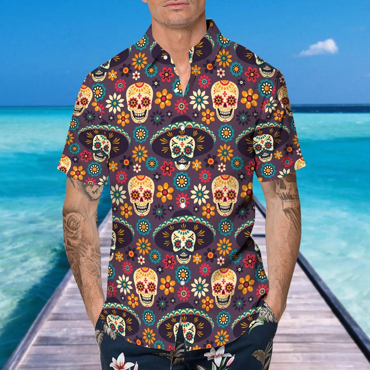 Day Of The Dead Pattern Skull Hawaiian Shirt, Hawaiian Button Up Shirt, Tropical Shirts For Men Moonbestprint