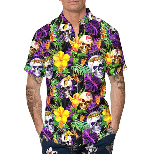 Tropical Floral Skull Hawaiian Shirt, Hawaiian Button Up Shirt, Tropical Shirts For Men Moonbestprint