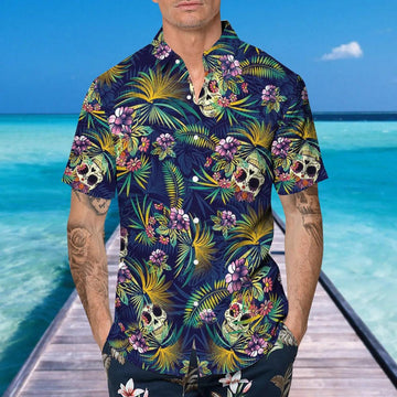 Tropical Sugar Skull Hawaiian Shirt, Hawaiian Button Up Shirt, Tropical Shirts For Men Moonbestprint