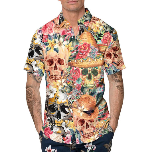 Skull With Flowers Hawaiian Shirt, Hawaiian Button Up Shirt, Tropical Shirts For Men Moonbestprint