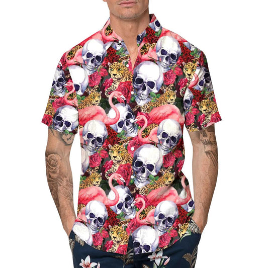 Skull With Flamingo And Leopard Hawaiian Shirt, Hawaiian Button Up Shirt, Aloha Shirts Moonbestprint