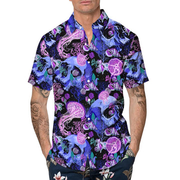 Purple Jellyfish Skull Hawaiian Shirt, Hawaiian Button Up Shirt, Tropical Shirts For Men Moonbestprint