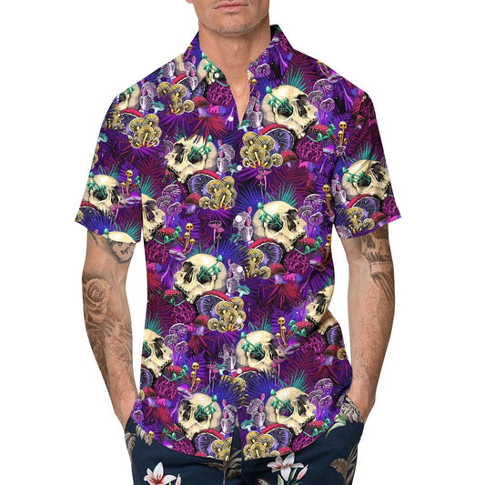 Colorful Mushroom Skull Hawaiian Shirt, Hawaiian Button Up Shirt, Tropical Shirts For Men Moonbestprint