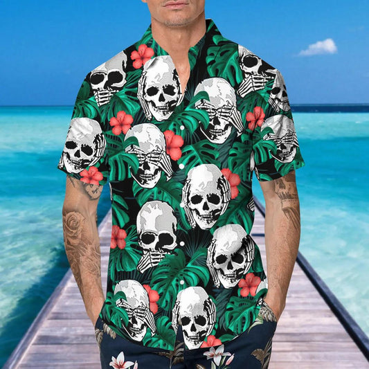 Hear No Evil See No Evil Speak No Evil Mexican Skull Hawaiian Shirt, Hawaiian Button Up Shirt, Tropical Shirts For Men Moonbestprint