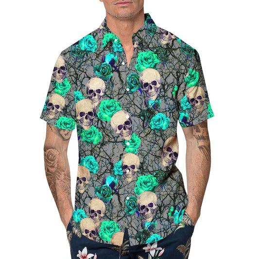 Green Roses Skull Hawaiian Shirt, Hawaiian Button Up Shirt, Tropical Shirts For Men Moonbestprint