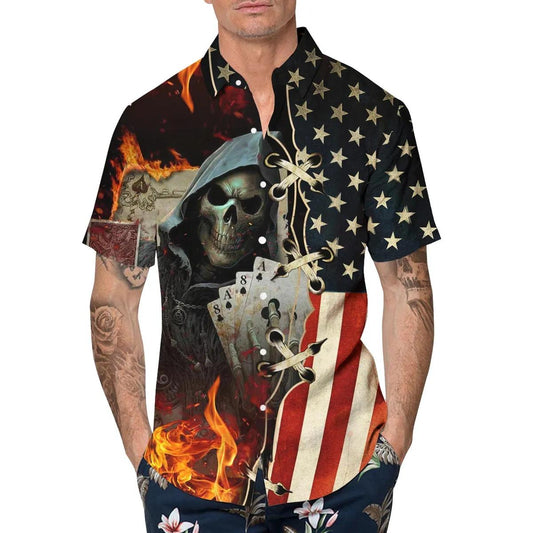 USA Poker Skull Hawaiian Shirt, Hawaiian Button Up Shirt, Aloha Shirts Moonbestprint