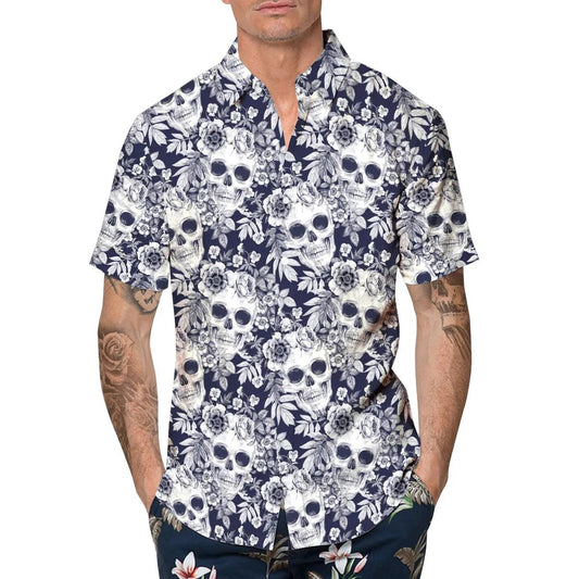 Blue Floral Skull Hawaiian Shirt, Hawaiian Button Up Shirt, Tropical Shirts For Men Moonbestprint