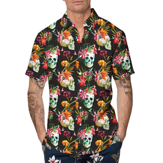 Orange Floral Skull Hawaiian Shirt, Hawaiian Button Up Shirt, Tropical Shirts For Men Moonbestprint