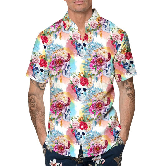 Skull With Colorful Flowers Hawaiian Shirt, Hawaiian Button Up Shirt, Aloha Shirts Moonbestprint