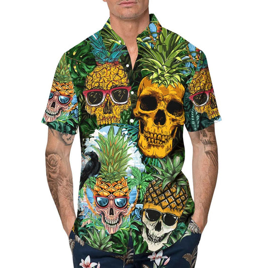 Pineapple Funny Skull Hawaiian Shirt, Hawaiian Button Up Shirt, Tropical Shirts For Men Moonbestprint